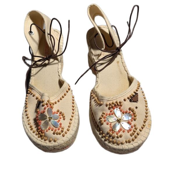 Vtg Y2K Roxy Ivory Canvas Beaded Shell Embellished Espadrille Sandals Sz 7 - Picture 2 of 6
